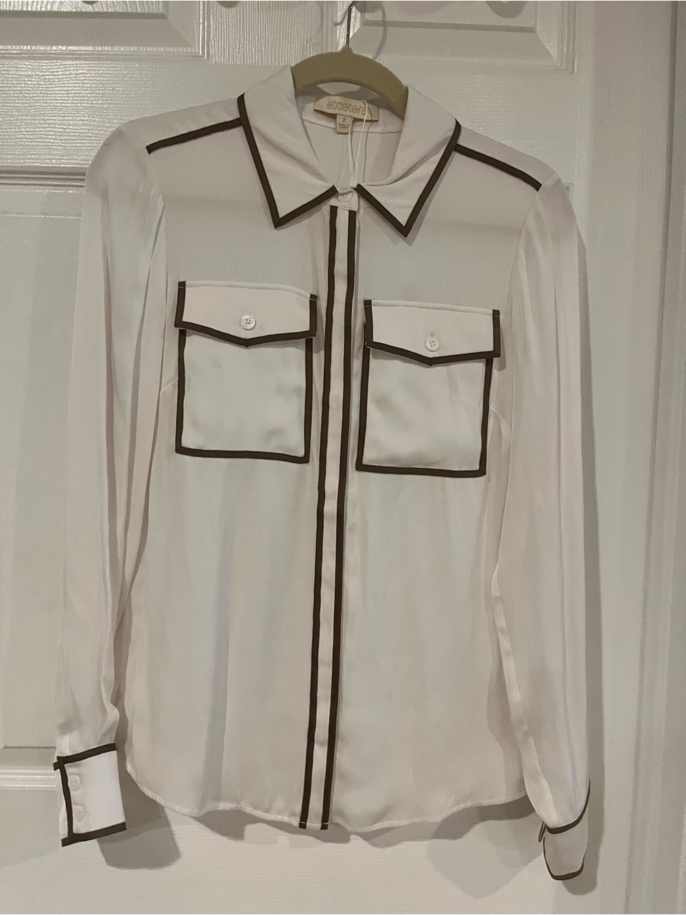 Etcetera White Button-Front Shirt with Contrast Grosgrain Ribbon Trim - NWOT
